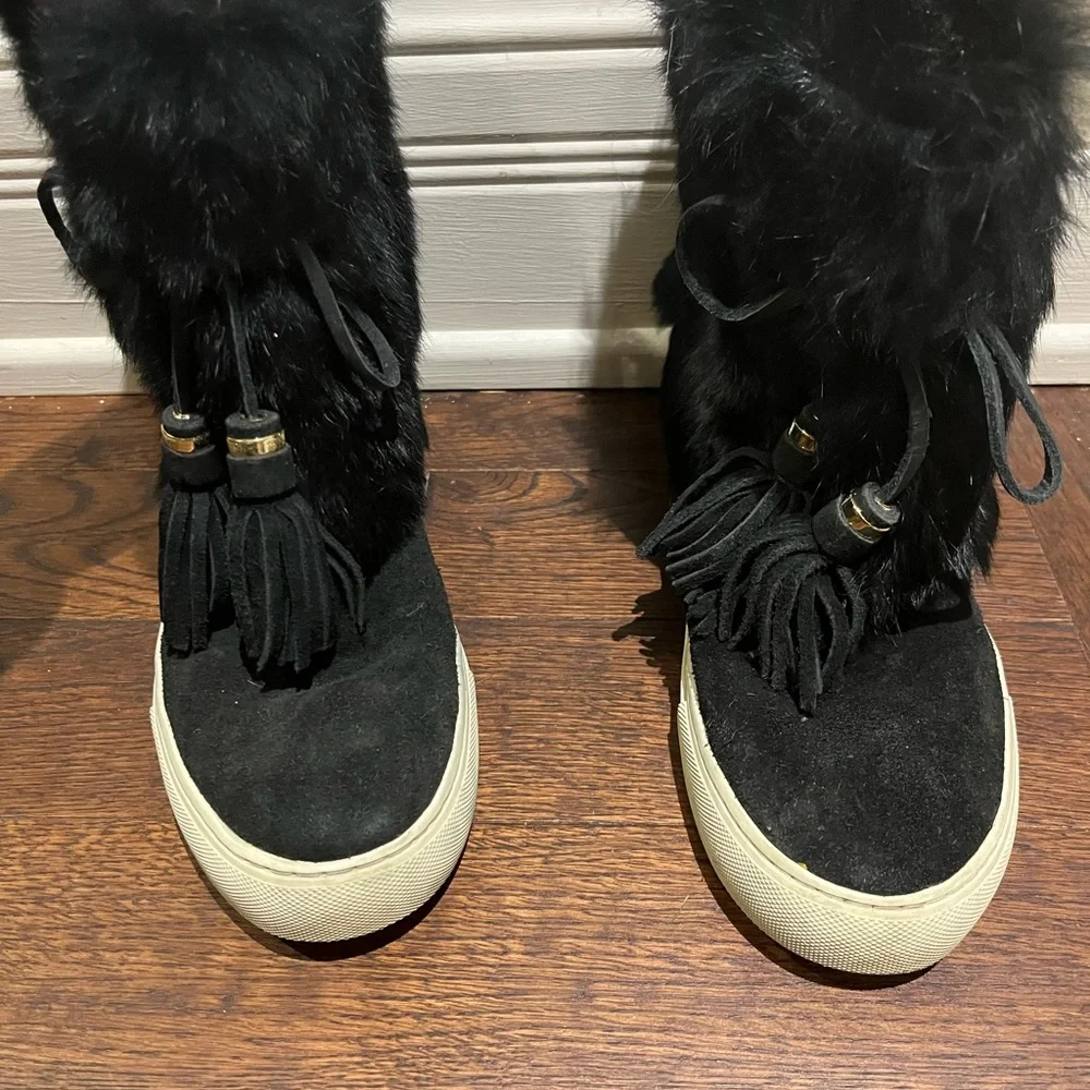 Tory Burch Angelica Black Rabbit Suede Winter Boots - Picture 4 of 11